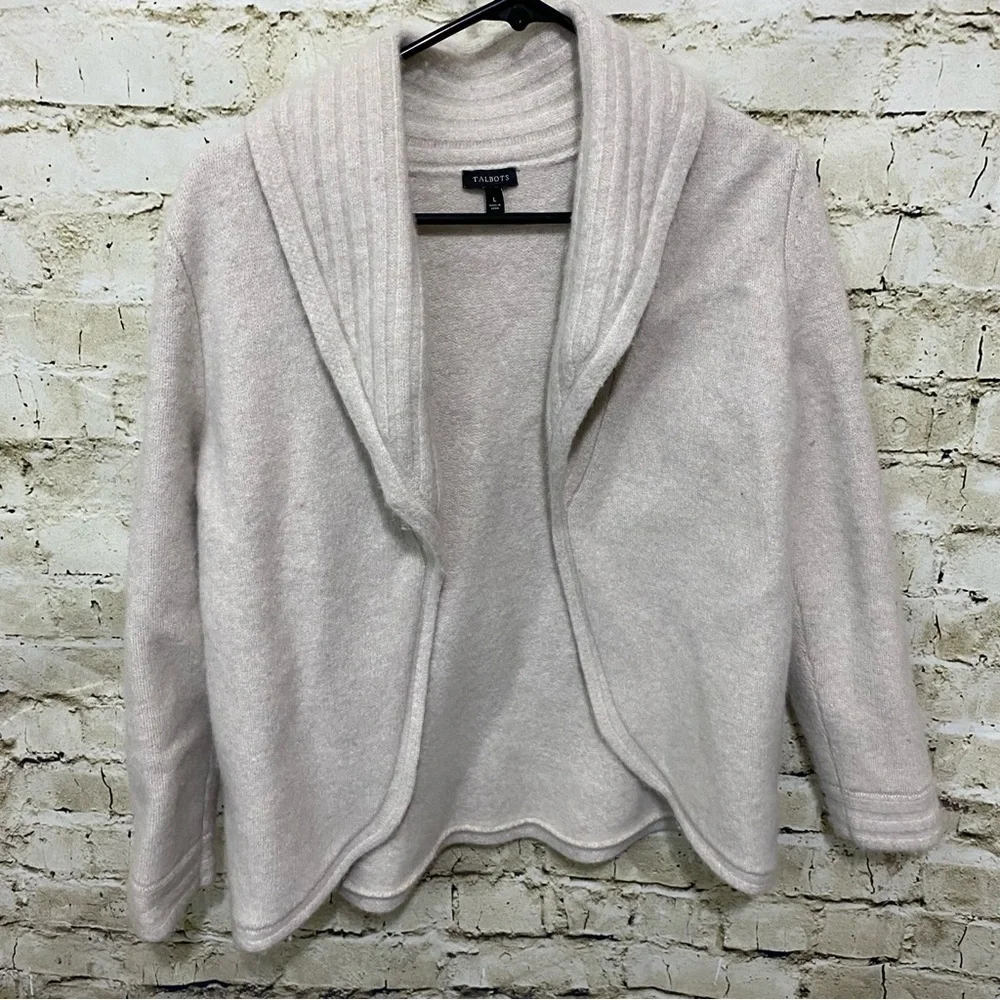 Talbots Beige Merino Wool Cashmere Blend Open Front Cardigan Sweater